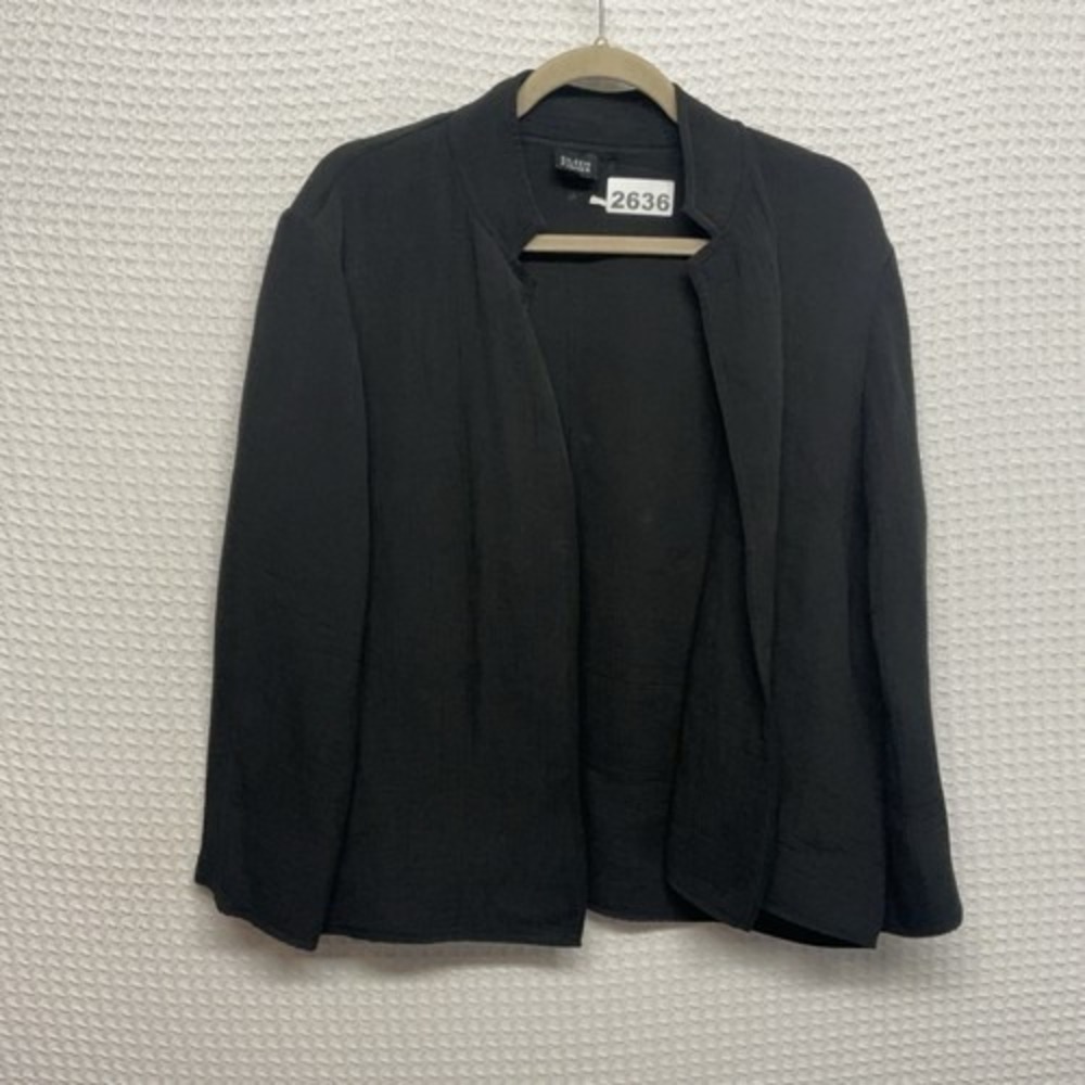Eileen Fisher Black Textured Open Front Blazer Jacket Women M Silk/Rayon Dry Cle